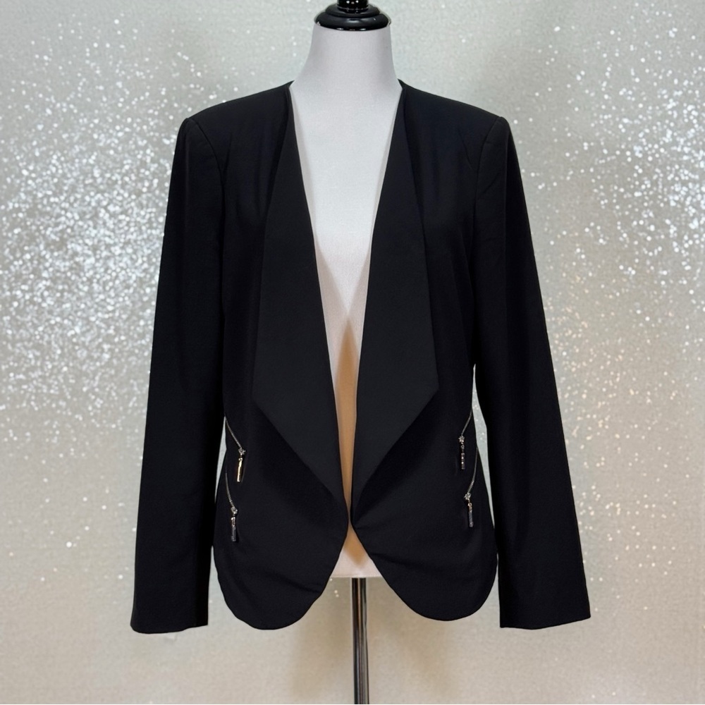 Vince Camuto Black Open Front Blazer Jacket Zip Pocket Career Work Office Womens - Picture 12 of 13